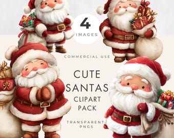 Cute Santa Clipart | Christmas Santa Transparent PNG, Watercolor Christmas Clipart, Santa Digital Download, Holiday Graphics, Commercial Use