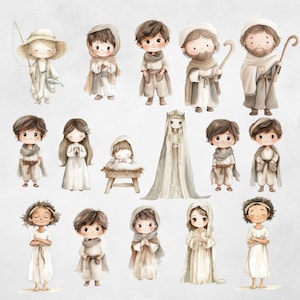 Puede incluir: Ilustraci&oacute;n de acuarela de una escena de la natividad con una variedad de personajes, incluyendo a Mar&iacute;a, Jos&eacute;, los tres reyes magos, pastores y &aacute;ngeles. Los personajes est&aacute;n todos vestidos con ropa tradicional y se representan en un entorno pac&iacute;fico y amoroso.