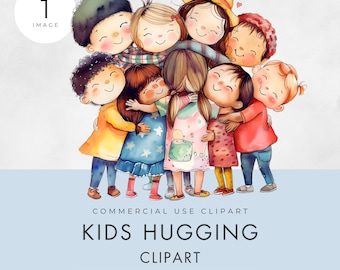 Kids Hugging Clipart, SINGLE IMAGE, Commercial License, Transparent PNG, Watercolor, Happy Friends, Multinational, Children Instant Download