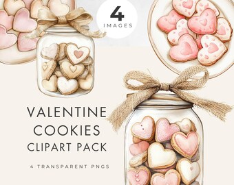 Valentines Cookies Clipart, Commercial License, Transparent PNG, Valentines Day Designs, Heart Shape Cookies in Jar, Digital Download