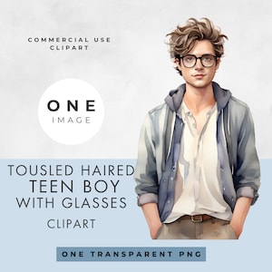 Imágenes prediseñadas de un adolescente, IMAGEN ÚNICA, uso comercial, PNG transparente, adolescente de pelo despeinado, gafas, acuarela, descarga digital instantánea