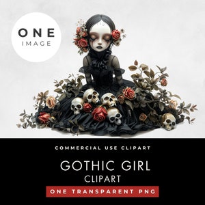 Gothic Girl Clipart, IMAGEM ÚNICA, Uso comercial, PNG transparente, Caprichoso, Boneca gótica, Caveiras, Florais vermelho e preto, Download instantâneo