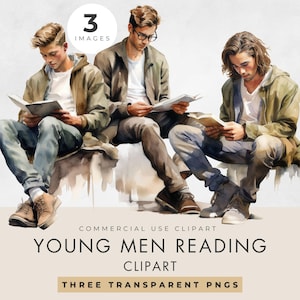 Imágenes prediseñadas de hombres jóvenes leyendo, 3 IMÁGENES, licencia comercial, PNG transparente, acuarela, adolescentes tardíos, chicos universitarios, estudiantes varones, educación