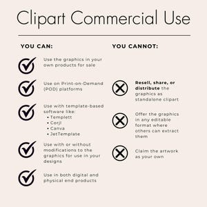K&ouml;nnte beinhalten: Eine cremefarbene Grafik mit dem Text "Clipart Commercial Use". Das Bild listet auf, was Sie mit dem Clipart tun k&ouml;nnen und was nicht, einschlie&szlig;lich der Verwendung in Ihren eigenen Produkten und auf POD-Plattformen. Es listet auch Software wie Templett und Canva auf.