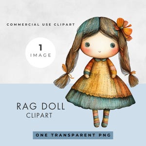 Puede incluir: Una ilustración de acuarela de una muñeca de trapo con cabello castaño, un vestido amarillo con ribete azul y una flor en el pelo. La muñeca sonríe y tiene grandes ojos azules.