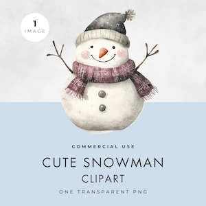 Snowman with Hat Clipart, SINGLE IMAGE, Commercial Use, Transparent PNG, Cute Christmas Watercolor Illustration, Festive Designs Clip Art