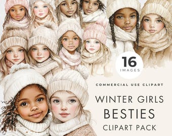 Best Friends Clipart, Commercial License, Transparent PNG, Winter Girls Besties Clip Art, Watercolor, Female, Soul Sisters, Instant Download