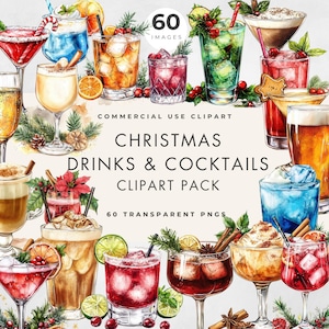 Clipart di cocktail di Natale, uso commerciale, PNG trasparenti, bevande festive, alcolici natalizi per le feste, design del menu del cocktail esclusivo per matrimoni