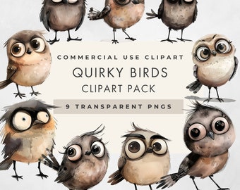 Quirky Bird Clipart: Funny Watercolor Cartoon PNGs (Digital Download) Commercial Use