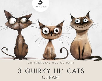 Quirky Cats Clipart, 3 BILDER, Kommersiell Licens, Transparent PNG, Söta, Roliga, Nyckfulla Djur, För Kattälskare, Omedelbar Nedladdning