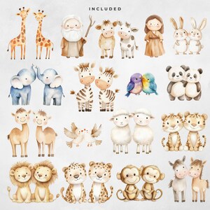 May include: Watercolor illustrations of various animals, including giraffes, elephants, zebras, birds, pandas, camels, doves, sheep, tigers, lions, leopards, monkeys, and donkeys. The word "INCLUDED" is at the top of the image.