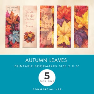 Marcapáginas imprimible de otoño, 5 diseños, hojas de otoño, citas otoñales acogedoras, regalo para amantes de los libros, acuarela, tamaño A4 y carta de EE. UU. Descarga instantánea en PDF