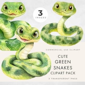 Gröna ormar Clipart, akvarell reptilillustrationer (transparent PNG) kommersiellt bruk