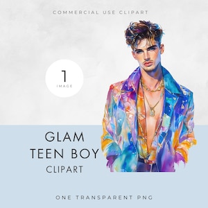 Clipart de adolescente, imagen única, licencia de uso comercial, PNG transparente, acuarela, adolescente glamuroso, hombre joven, descarga digital instantánea