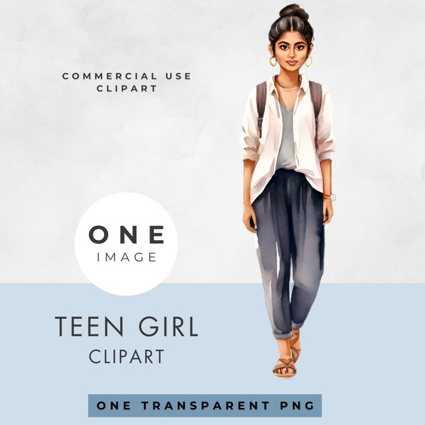 Teen Girl Clipart, SINGLE IMAGE, Commercial Use License, Transparent PNG, Watercolor, Teenager, Young Woman, Instant Digital Download