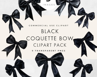 Black Coquette Bow Clipart, 9 Images, Commercial Use, Transparent PNGs, Ribbon, Wedding & Party Invites, Paper Crafts, Scrapbooking, Journal