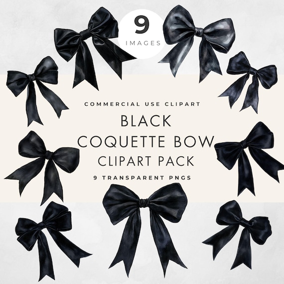Black Coquette Bow Clipart, 9 Images, Commercial Use, Transparent PNGs, Ribbon, Wedding & Party Invites, Paper Crafts, Scrapbooking, Journal