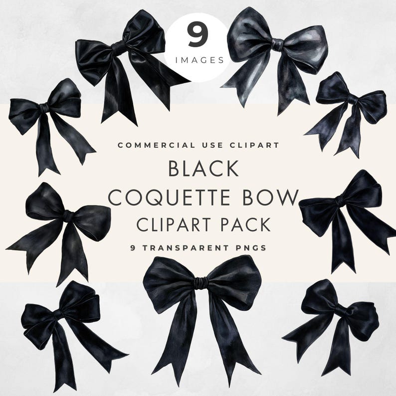 Op de afbeelding: Negen zwarte aquarel-strik-clipart-afbeeldingen.  COMMERCIAL USE CLIPART BLACK COQUETTE BOW CLIPART PACK 9 TRANSPARENT PNGS