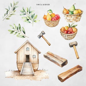 May include: Watercolor illustration featuring a wooden house with a staircase, baskets of fruit, hammers, wooden planks, and leafy branches. The word "INCLUDED" is at the top. The image has a rustic, farmhouse aesthetic.