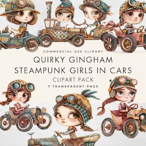 Può includere: Un set di sette immagini clipart digitali che mostrano ragazze steampunk stravaganti che guidano auto d'epoca. Le ragazze sono vestite con abiti a quadri e indossano occhiali e cappelli. Le auto sono dettagliate con ingranaggi, tubi e altri elementi steampunk. Il testo "Quirky Gingham Steampunk Girls in Cars" è visualizzato sull'immagine.