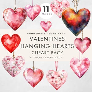 Clipart coeurs suspendus, 8 images, usage commercial, PNG transparents, coeurs rouges et roses aquarelles pour la Saint-Valentin, journal indésirable et travaux manuels en papier