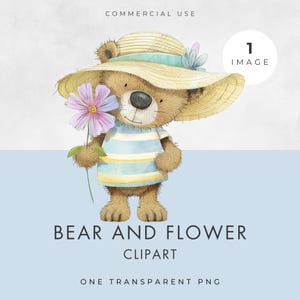 May include: Watercolor illustration of a teddy bear wearing a straw hat with a blue ribbon and a striped shirt, holding a purple flower. The image includes the text "BEAR AND FLOWER CLIPART" and "ONE TRANSPARENT PNG".