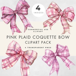 Pink Coquette Bow Clipart, Plaid Tartan, Commercial Use, Transparent PNG Baby Shower, Birthday Clip Art,  Ribbon Watercolor Digital Download