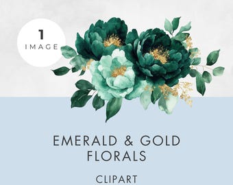 May include: A digital illustration of a floral arrangement featuring dark emerald and light mint green peony flowers with gold accents and green leaves. The text reads: COMMERCIAL USE CLIPART, 1 IMAGE, EMERALD & GOLD FLORALS, CLIPART, ONE TRANSPARENT PNG.