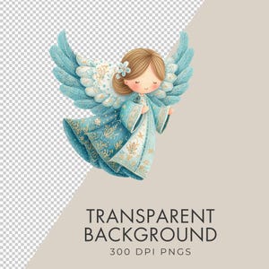 K&ouml;nnte beinhalten: Aquarell-Illustration eines Engels mit hellbraunem Haar, einem blauen Kleid und gro&szlig;en blauen Fl&uuml;geln. Der Engel ist mit goldenen Akzenten und einer Blume im Haar geschm&uuml;ckt. Der Text "TRANSPARENT BACKGROUND" und "300 DPI PNGS" ist enthalten.