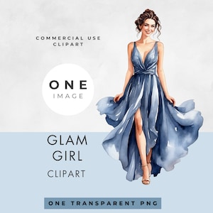 Clipart glamour jeune femme, IMAGE UNIQUE, usage commercial, PNG transparent, aquarelle, fille moderne, robe de bal femme, téléchargement numérique instantané