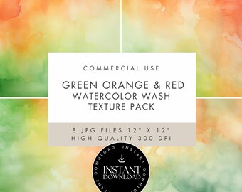 Watercolor Texture Digital Papers - Green Orange Red Wash Backgrounds, JPG INSTANT DOWNLOAD