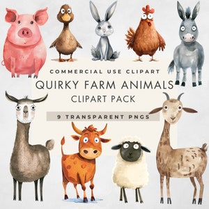 Imágenes prediseñadas de animales de granja extravagantes en acuarela, 9 IMÁGENES, uso comercial, PNG transparentes, imágenes prediseñadas, linda caricatura caprichosa, descarga digital