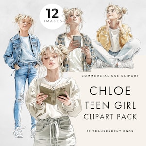 Set di clipart per ragazze adolescenti, personaggio alla moda in varie pose, uso commerciale, PNG trasparenti, illustrazioni di libri di fiabe, scrapbooking e design