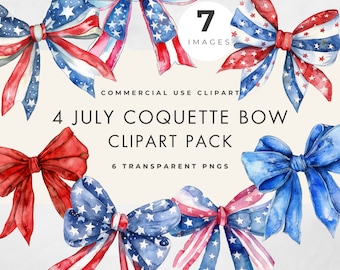 4th of July Coquette Bow Clipart, 7 Images, Commercial Use, Transparent PNGs, Patriotic, American Independence Day Graphics Digital Download