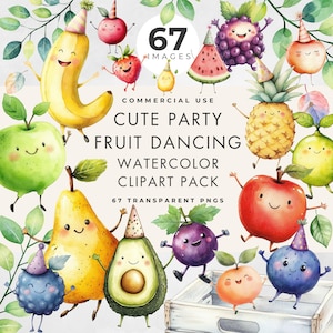 Clipart di frutta danzante carina, uso commerciale, PNG trasparente, acquerello, grafica di invito per festa di compleanno del primo cartone animato divertente, lavoretti di carta per bambini