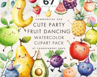 Clipart fruits mignons dansants, usage commercial, PNG transparents, aquarelle, dessin animé amusant 1er anniversaire fête inviter des graphiques, créations en papier pour enfants