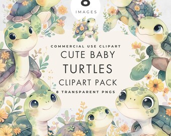 Watercolor Baby Turtle Clipart: Floral Sea Animals, Nursery Decor (8 Transparent PNGs) Commercial Use