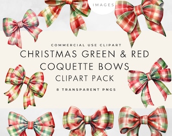 Christmas Tartan Bow Clipart: Green & Red PNGs (Digital Download) Commercial Use