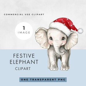 Clipart di elefante bambino, IMMAGINE SINGOLA, uso commerciale, PNG trasparente, Natale, design doccia, giungla, cappello di Babbo Natale, libro di fiabe, arredamento per la cameretta dei bambini