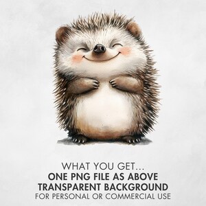 May include: A watercolor illustration of a smiling hedgehog with brown and white quills, pink cheeks, and small paws. Below the hedgehog, the text reads: WHAT YOU GET... ONE PNG FILE AS ABOVE TRANSPARENT BACKGROUND FOR PERSONAL OR COMMERCIAL USE.