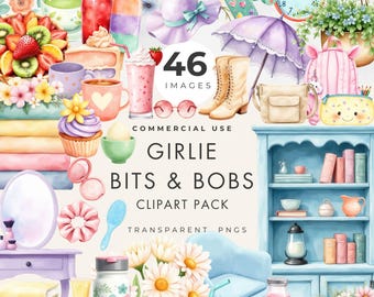 Pack de cliparts girly : 46 PNG aquarelles, graphismes style de vie confortable (téléchargement numérique) à usage commercial.