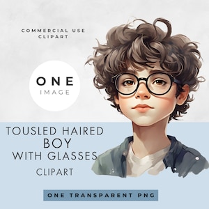 Kleiner Junge Clipart, kommerzielle Nutzung, transparente PNG, Junge mit zerzausten Haaren mit Brille, Aquarell, sofortiger digitaler Download