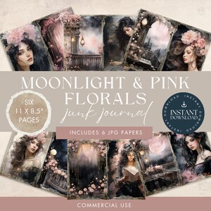 Pages de journal indésirable pour jeunes femmes, clair de lune, fleurs roses, TÉLÉCHARGEMENT NUMÉRIQUE INSTANTANÉ, papier de scrapbooking, rêveur, imprimable, couleur de mauvaise humeur