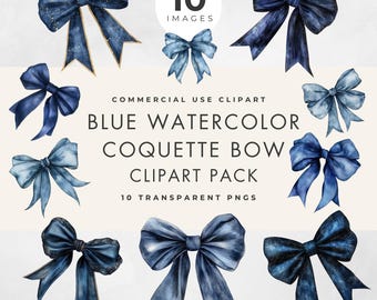 Blue Coquette Bow Clipart, 10 afbeeldingen, Commercieel gebruik, Transparante PNG's, Aquarel, Marinelint Clip Art, Bruiloftsdouche, Verjaardagsstrikken