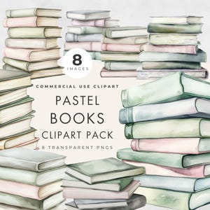 Clipart di libri impilati, uso commerciale, PNG trasparente, libri acquerello pastello, scrapbooking, creazione di biglietti, nuovi progetti di capitoli, artigianato di carta