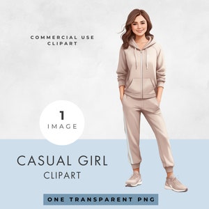 Clipart jeune femme, IMAGE UNIQUE, usage commercial, PNG transparent, aquarelle, vêtements décontractés, fille tendance, téléchargement immédiat