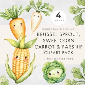 Clipart légume mignon, usage commercial, PNG transparent, aquarelle de germes, panais, carotte, maïs doux, baby shower et graphiques de fête d'enfants