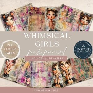 Whimsical Girls Junk Journal Paper, INSTANT DOWNLOAD, 6 Digital Pages, Vintage Dolls, Scrapbooking, Printable Ephemera, Paper Craft, Collage