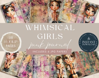 Whimsical Girls Junk Journal Paper, INSTANT DOWNLOAD, 6 Digital Pages, Vintage Dolls, Scrapbooking, Printable Ephemera, Paper Craft, Collage