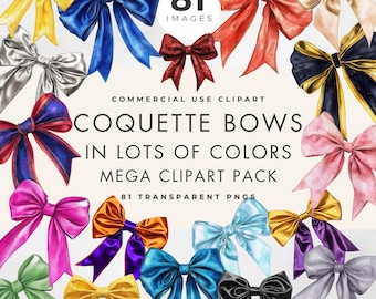 Coquette Aesthetic Clipart Bundle: Bow Collection in Lots of Colors, Commercial Use, Transparent PNG, Watercolor Ribbon, Invitation Design
